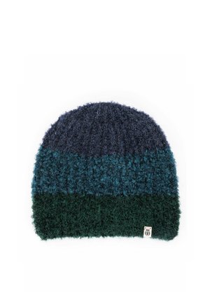 Knitted winter beanie with three horizontal color blocks in dark blue, teal, and green, featuring a small white brand tag at the bottom edge.