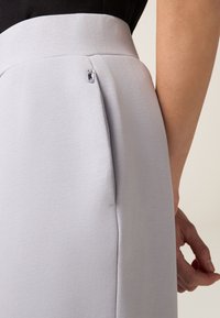 Lichtegrijze rok van gladde stof met een zijplooi en een zilveren accent. De tailleband is gestructureerd en aansluitend.