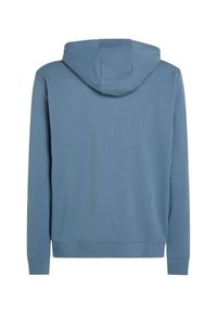 Hooded sweatshirt in soft, light blue fabric. Features a kangaroo pocket, ribbed cuffs, and hem. Smooth texture with minimal stitching details.