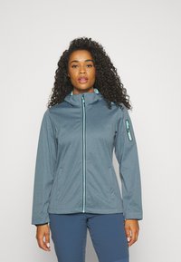 Gray hooded jacket with a front zipper and two side pockets. Features turquoise accents and a smooth, textured fabric.