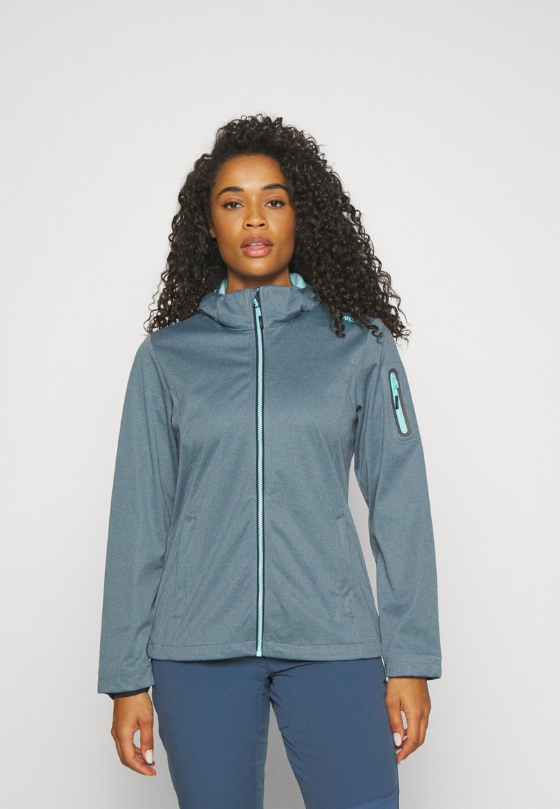Gray hooded jacket with a front zipper and two side pockets. Features turquoise accents and a smooth, textured fabric.