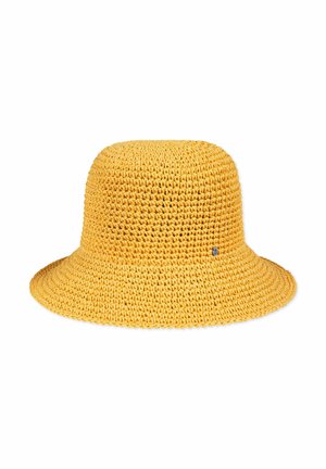 Yellow crocheted bucket hat with wide brim and small metal logo on side, displayed on white background.