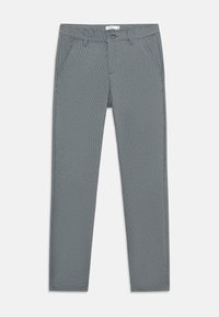 Grå slim-fit bukser med subtilt småternet mønster, frontlommer, b�æltestropper og knappelukning i taljen.