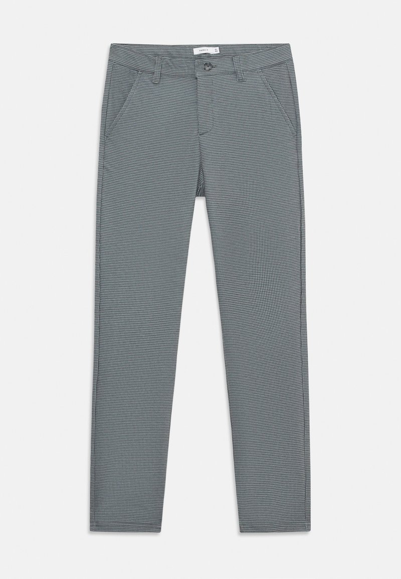 Grå slim-fit bukser med subtilt småternet mønster, frontlommer, bæltestropper og knappelukning i taljen.