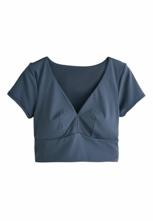 Dunkelblaues, kurzes Top aus glattem Stoff; verfügt über einen tiefen V-Ausschnitt, kurze Ärmel und Nahtdetails an der Brust.