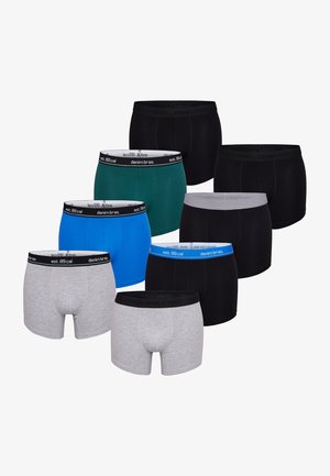Schwarze Boxer-Shorts mit einem grauen elastischen Bund. Die Shorts bestehen aus einem glatten Stoff, haben ein körpernahes Design und sind in mittellanger Länge bis zum Oberschenkel.