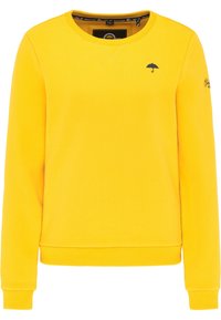 Žlutá bavlněná mikina s kulatým výstřihem, žebrovanými manžetami a lemem. Na hrudi se nachází malé vyšívané logo deštníku.