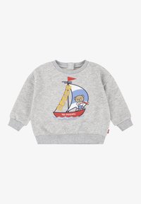 Felpa grigia con polsini e orlo a costine. Presenta una grafica di un orso su una barca a vela con testo che dice "LEVI'S THE ORIGINAL."