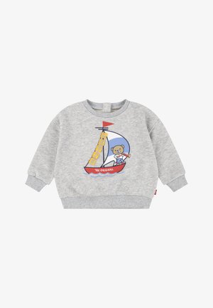 Grå sweatshirt med ribbestrikkede mansjetter og hem. Har et grafisk motiv av en bjørn på en seilbåt med tekst som sier "LEVI'S THE ORIGINAL."