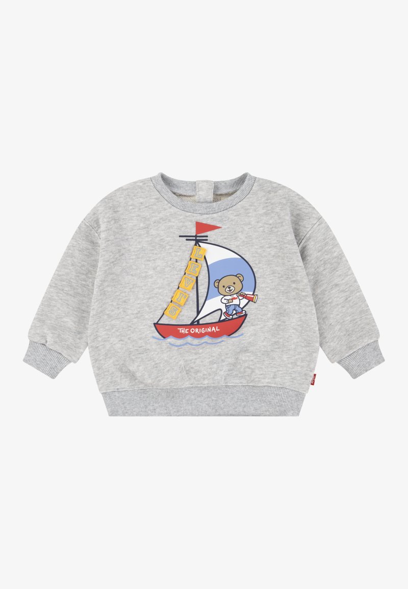 Felpa grigia con polsini e orlo a costine. Presenta una grafica di un orso su una barca a vela con testo che dice "LEVI'S THE ORIGINAL."
