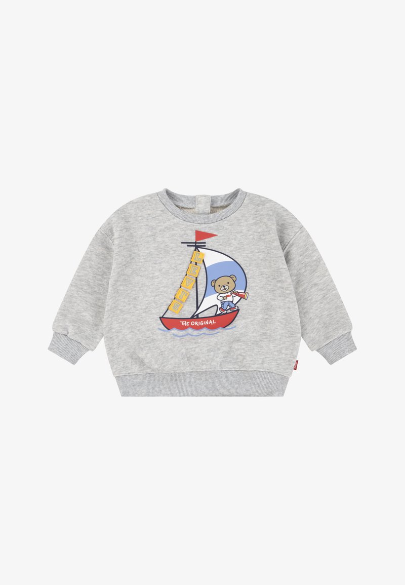 Grauer Sweatshirt mit gerippten Bündchen und Saum. Mit einem Grafikdesign eines Bären auf einem Segelboot und dem Text "LEVI'S THE ORIGINAL."