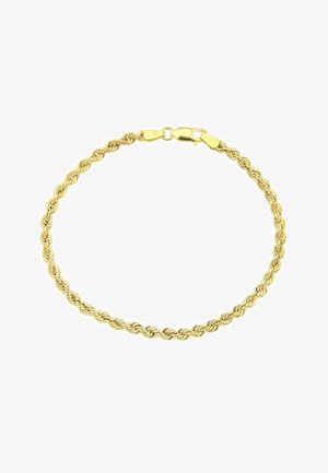 Náramok zlatého tónu so skrúteným reťazcom a karabínou, ktorý sa vyznačuje textúrovaným, pleteným dizajnom a hladkým, lešteným povrchom.