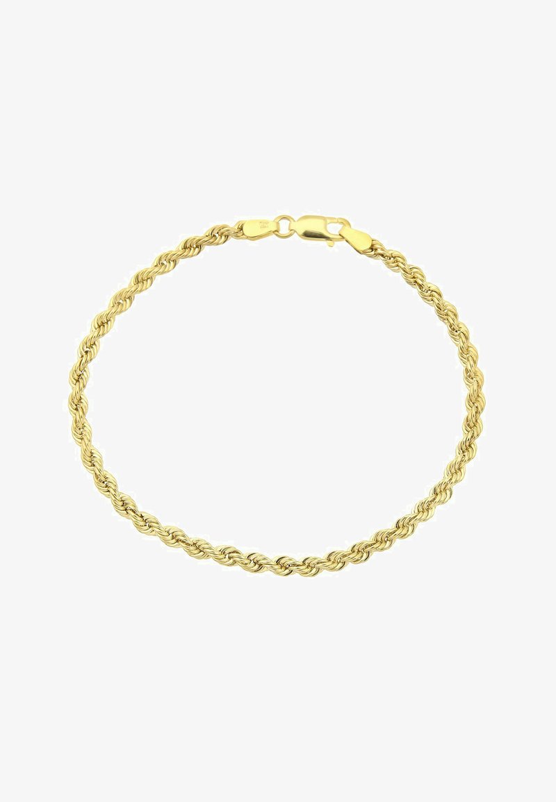 Zeltaina savīta ķēdes aproce ar lapas aizdari, kurai ir teksturēts, pīts dizains un gluda, pulēta virsma.