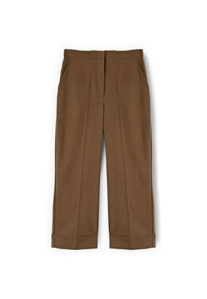 Pantaloni dritti a vita alta marroni con pieghe frontali, tasche laterali e orli risvoltati su sfondo bianco.