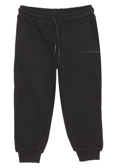 Pantaloni sportivi neri in tessuto morbido, dotati di un elastico in vita con cordino, due tasche laterali e polsini a coste alle caviglie.