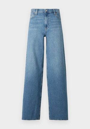 Jean en denim bleu taille haute avec jambes larges, fermeture avant à bouton et fermeture éclair, et design classique à cinq poches.