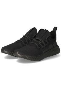 Black athletic shoes made of mesh material, featuring a textured rubber sole, elastic straps, and a pull tab at the heel for easy wear.