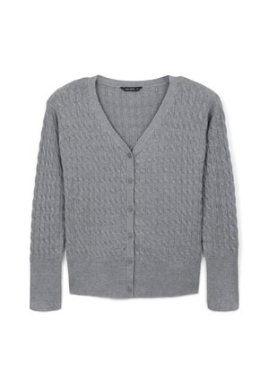 Cardigan a V in maglia leggermente grigia con maniche lunghe e sei bottoni sul davanti.