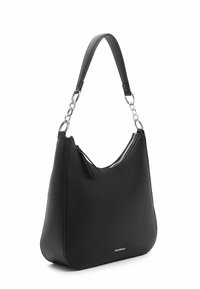 Black leather shoulder bag with a textured finish, curved shape, silver hardware, and a zippered compartment at the top.