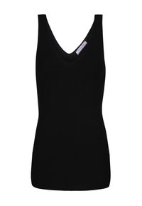 Top a canotta nera a coste con scollatura a V e design senza maniche. Presenta linee verticali testurizzate e una silhouette aderente. Etichetta sul colletto.