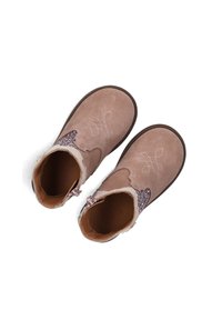 Brown suede ankle boots with glittery accents and embroidered butterfly design. Features side zippers for easy wear.