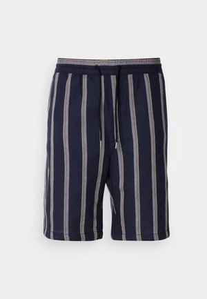 Navy blue shorts with vertical light gray stripes, elastic waistband with drawstring, knee-length, made from a textured fabric.