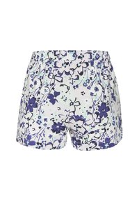 Floral-patterned shorts in white, featuring purple and teal flowers. Elastic waistband, lightweight fabric, and loose fit for comfort.