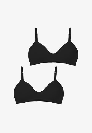 Soutiens-gorge noirs sans fil en forme de triangle avec de fines bretelles réglables, une texture lisse et un design décolleté simple. Deux inclus.