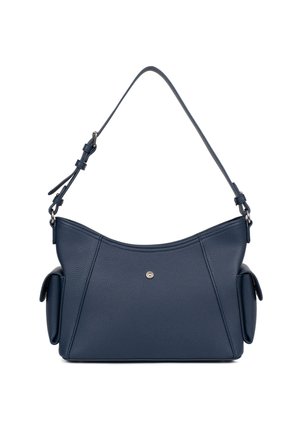 Sac à main en cuir bleu marine avec bandoulière réglable et deux poches latérales, avec un petit bouton argenté à l'avant.