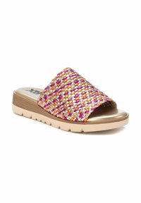 Sandalo a scivolo intrecciato che presenta fili multicolor in rosa, argento e arancione. Parte superiore testurizzata, dettagli in tonalità oro e suola di un beige chiaro.