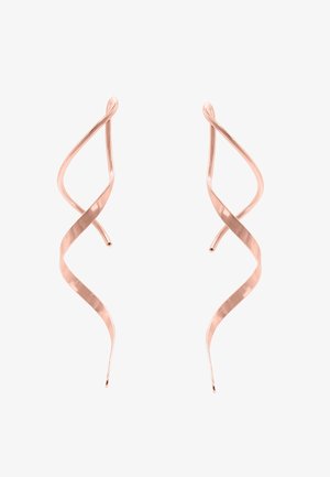 Roze gouden spiraaloorbellen met een draaiend ontwerp, een gladde textuur en een langwerpige vorm met puntige uiteinden.