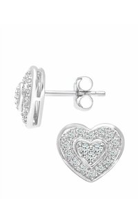 Hõbedast südamekujulised kõrvarõngad tekstuurse pinnaga, mille sees on väiksem süda, kaunistatud selgete kuubiktsirkooniumkristallidega.