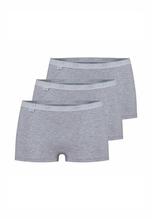 Gray cotton boxer shorts in a pack of three, featuring a wide waistband and a smooth texture with no visible patterns.