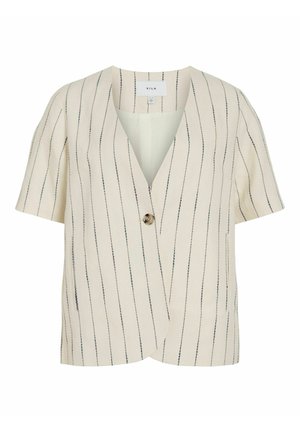 Blouse crème à manches courtes à fines rayures noires verticales, fermeture par un seul bouton marron et col en V, marque "VILA".