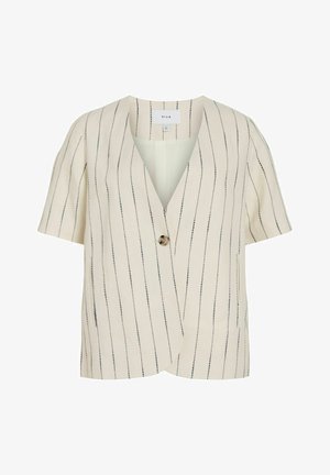 Blouse crème à manches courtes à fines rayures noires verticales, fermeture par un seul bouton marron et col en V, marque "VILA".