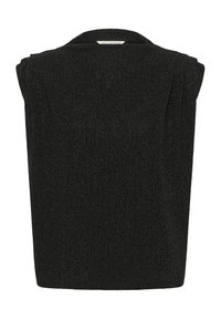 Must mustriga varrukateta särk, millel on struktureeritud kuju, peene mustriga, ümmargune kaelus ja õlavarre detailid.