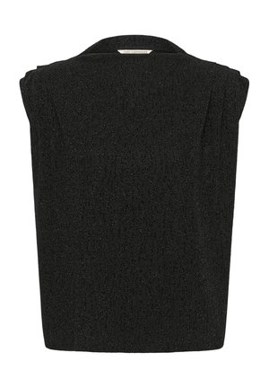 Crni teksturirani bez rukava gornji dio s čvrstim oblikom, koji sadrži suptilan uzorak, okrugli izrez i detalje na ramenima.