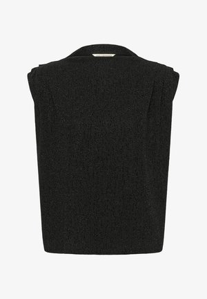 Zwarte textuurloze mouwloze top met een gestructureerde vorm, voorzien van een subtiel patroon, ronde halslijn en schouderdetails.