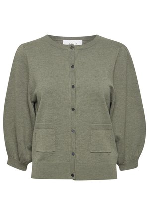 Olivgrön cardigan i strukturerad tyg, med rund hals, knappstängning framtill och två fickor fram. Långa, något puffade ärmar.