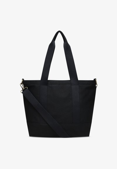 Μαύρη τσάντα ώμου με διπλές λαβές και αποσπώμενο ιμάντα ώμου. Κατασκευασμένη από ανθεκτικό υλικό, με απλό, δομημένο σχέδιο.