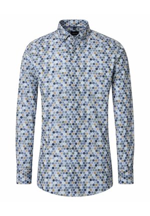 Langärmliges Hemd mit Knopfleiste und einem geometrischen Sechseckmuster in Blau-, Grau- und Beigetönen, mit klassischem Kragen.