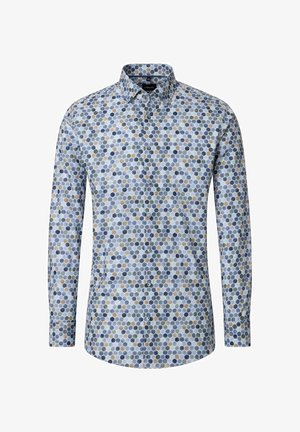 Langärmliges Hemd mit Knopfleiste und einem geometrischen Sechseckmuster in Blau-, Grau- und Beigetönen, mit klassischem Kragen.