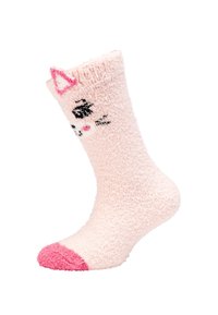 Calza fuzzy rosa chiaro con punta rosa, dotata di un design a tema gatto con baffi neri e guance rosa, texture lavorata a maglia e polsino elastico.