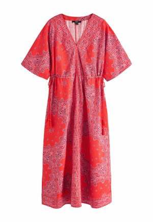 Red midi dress with pink paisley pattern, V-neck, short wide sleeves, and adjustable waist ties with tassels.