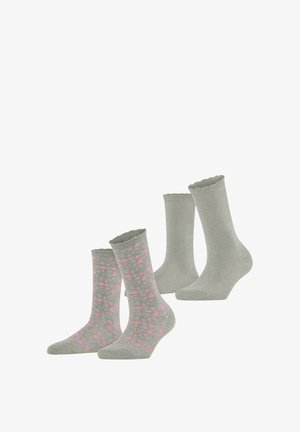 Deux paires de chaussettes grises mi-mollet, l'une unie et l'autre avec un motif floral rose, toutes deux avec des bords festonnés.