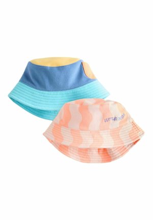 Two bucket hats: one with blue, teal, and yellow color blocks, the other with orange wavy stripes and "LITTLE DUDE" embroidered in blue.