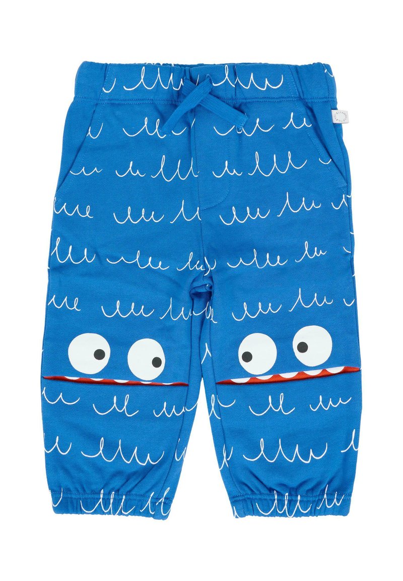 Blauwe peuterbroek met witte golfpatronen, elastische tailleband en zakken die zijn ontworpen als cartoonogen en monden met tanden op de knieën.