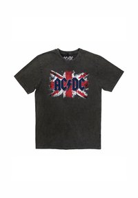 Black cotton t-shirt featuring a distressed Union Jack design with blue "AC/DC" text and a lightning bolt in the center. Short sleeves.
