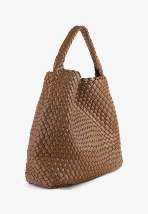 Brown woven leather handbag with a wide opening, dual handles, and a textured surface featuring a crisscross pattern.