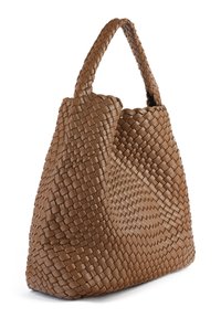 Sac en toile en cuir brun tissé avec une finition texturée, de forme spacieuse et deux poignées robustes, conçu pour un usage décontracté.